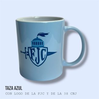 TAZA DE CERAMICA SUBLIMADA  COLOR AZUL PASTEL CON LOGO OFICAIL DE FJC Y LEMA DE 38a CONVOCACION NACIONAL JUVENIL 2025