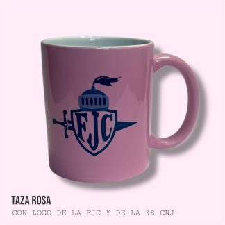 TAZA DE CERAMICA SUBLIMADA EN COLOR ROSA PASTEL CON LOGO FJC- LEMA 38a CNJ